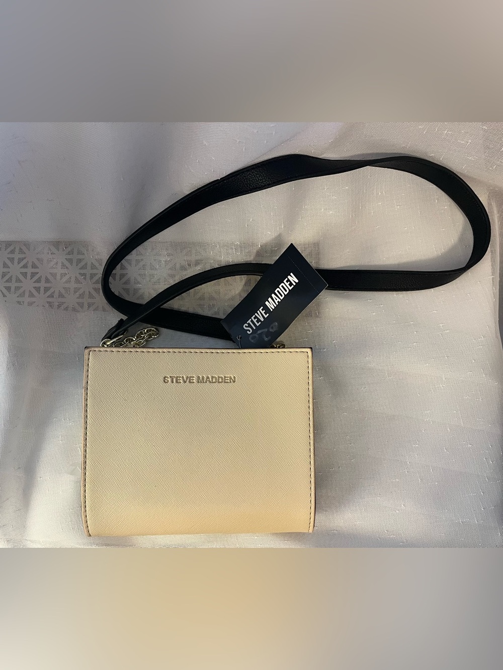 Steve Madden Cream Crossbody Wallet with Black Strap